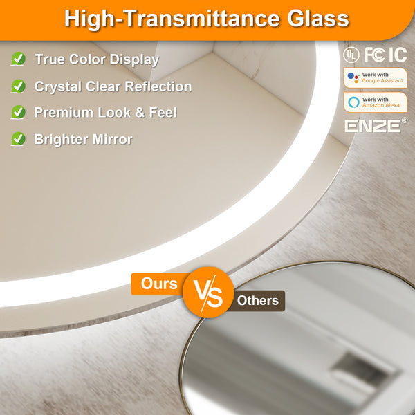 ENZE 32" Round LED Bathroom Mirror with Lights, Smart Wall-Mounted Vanity Mirror, Anti-Fog, 3 Color Lighting, Stepless Dimmable, Frameless, Shatter-Proof, Plug-in or Hardwired