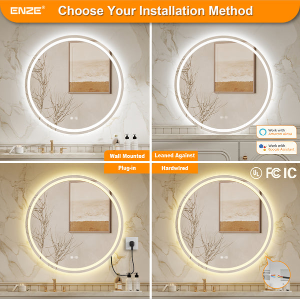 ENZE 32" Round LED Bathroom Mirror with Lights, Smart Wall-Mounted Vanity Mirror, Anti-Fog, 3 Color Lighting, Stepless Dimmable, Frameless, Shatter-Proof, Plug-in or Hardwired