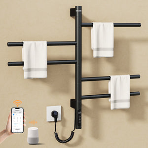 ENZE Smart Rotating Heated Towel Rack for Bathroom, 5-Bar Wall-Mounted Electric Towel Warmer 85W with Swivel Bars, Wi-Fi App Control, 24H Timer, Stainless Steel, IPX5, Hardwired/Plug-in, Gold
