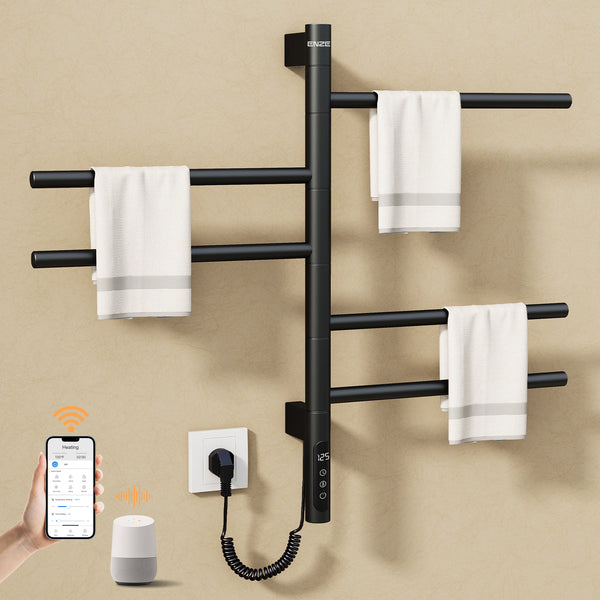 ENZE Smart Rotating Heated Towel Rack for Bathroom, 5-Bar Wall-Mounted Electric Towel Warmer 85W with Swivel Bars, Wi-Fi App Control, 24H Timer, Stainless Steel, IPX5, Hardwired/Plug-in, Gold