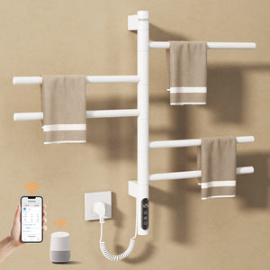 ENZE Smart Rotating Heated Towel Rack for Bathroom, 5-Bar Wall-Mounted Electric Towel Warmer 85W with Swivel Bars, Wi-Fi App Control, 24H Timer, Stainless Steel, IPX5, Hardwired/Plug-in, Gold