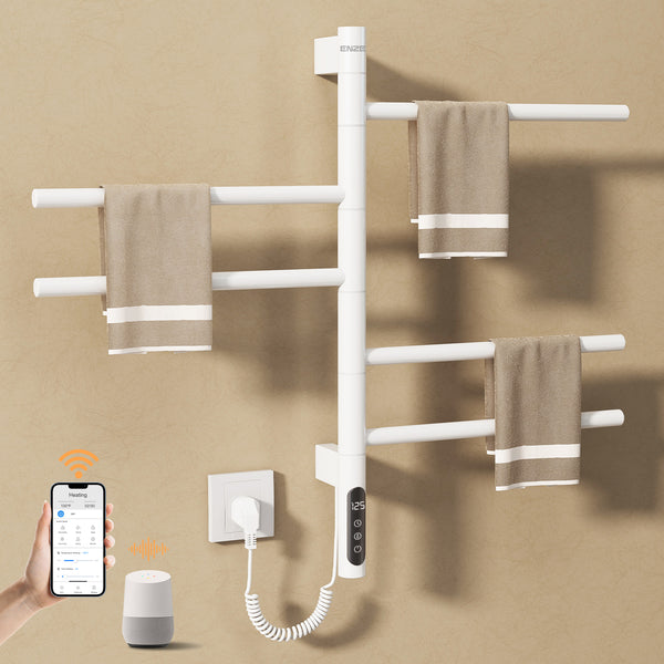 ENZE Smart Rotating Heated Towel Rack for Bathroom, 5-Bar Wall-Mounted Electric Towel Warmer 85W with Swivel Bars, Wi-Fi App Control, 24H Timer, Stainless Steel, IPX5, Hardwired/Plug-in, Gold