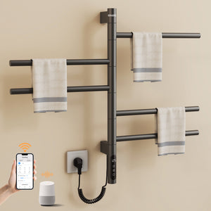 ENZE Smart Rotating Heated Towel Rack for Bathroom, 5-Bar Wall-Mounted Electric Towel Warmer 85W with Swivel Bars, Wi-Fi App Control, 24H Timer, Stainless Steel, IPX5, Hardwired/Plug-in, Gold