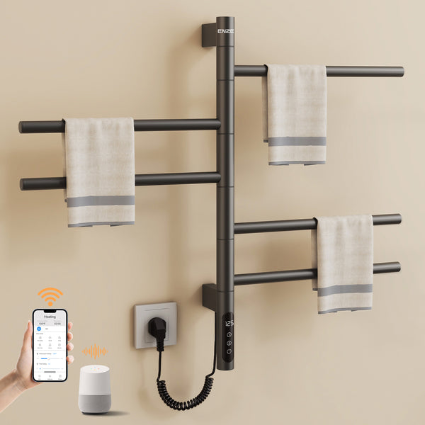 ENZE Smart Rotating Heated Towel Rack for Bathroom, 5-Bar Wall-Mounted Electric Towel Warmer 85W with Swivel Bars, Wi-Fi App Control, 24H Timer, Stainless Steel, IPX5, Hardwired/Plug-in, Gold