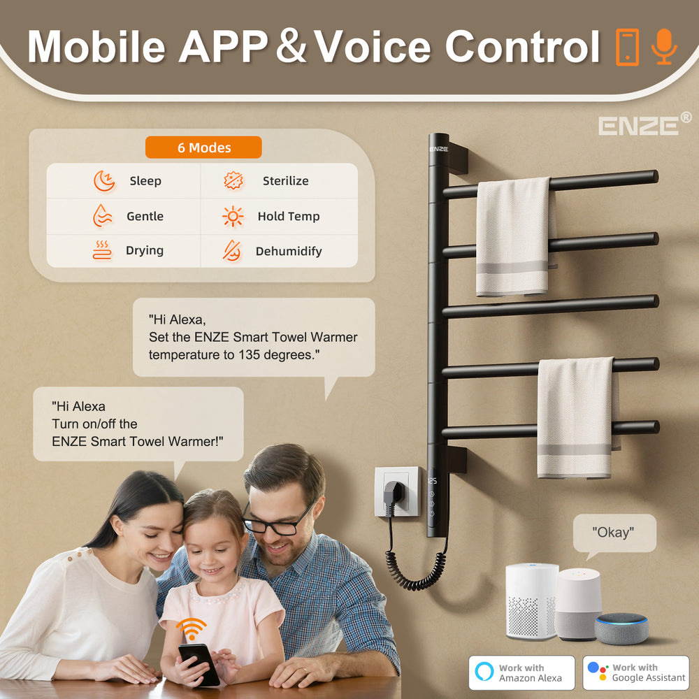 ENZE Smart Rotating Heated Towel Rack for Bathroom, 5-Bar Wall-Mounted Electric Towel Warmer 85W with Swivel Bars, Wi-Fi App Control, 24H Timer, Stainless Steel, IPX5, Hardwired/Plug-in, Matte Black