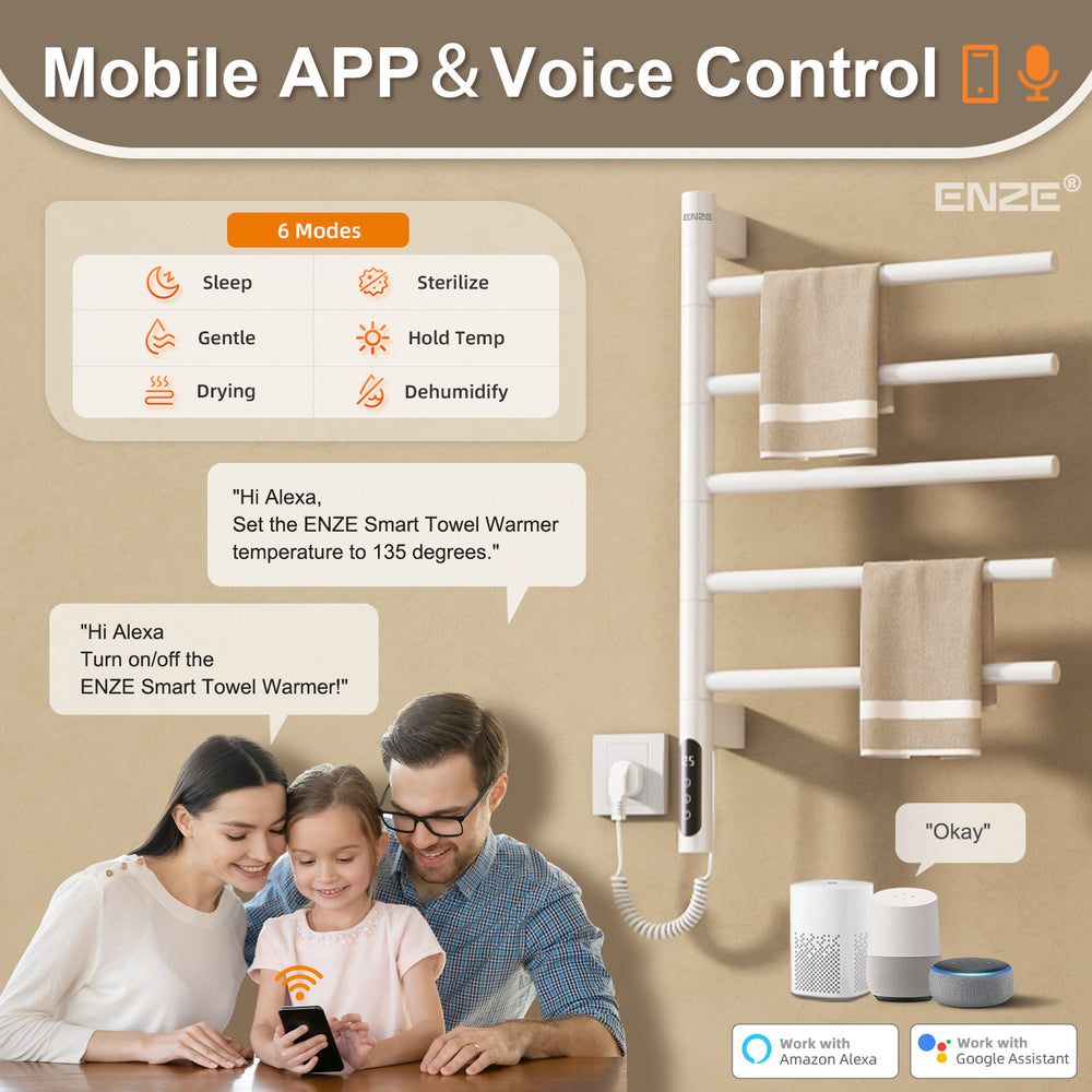 ENZE Smart Rotating Heated Towel Rack for Bathroom, 5-Bar Wall-Mounted Electric Towel Warmer 85W with Swivel Bars, Wi-Fi App Control, 24H Timer, Stainless Steel, IPX5, Hardwired/Plug-in, White