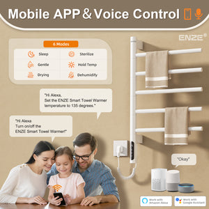 ENZE Smart Rotating Heated Towel Rack for Bathroom, 5-Bar Wall-Mounted Electric Towel Warmer 85W with Swivel Bars, Wi-Fi App Control, 24H Timer, Stainless Steel, IPX5, Hardwired/Plug-in, White