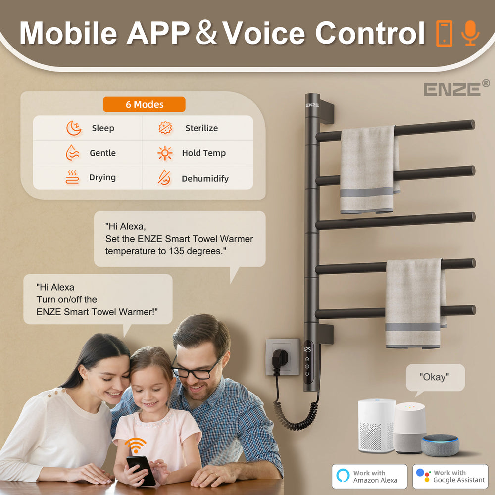 ENZE Smart Rotating Heated Towel Rack for Bathroom, 5-Bar Wall-Mounted Electric Towel Warmer 85W with Swivel Bars, Wi-Fi App Control, 24H Timer, Stainless Steel, IPX5, Hardwired/Plug-in, Gray