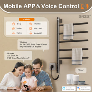 ENZE Smart Rotating Heated Towel Rack for Bathroom, 5-Bar Wall-Mounted Electric Towel Warmer 85W with Swivel Bars, Wi-Fi App Control, 24H Timer, Stainless Steel, IPX5, Hardwired/Plug-in, Gray