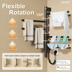 ENZE Smart Rotating Heated Towel Rack for Bathroom, 5-Bar Wall-Mounted Electric Towel Warmer 85W with Swivel Bars, Wi-Fi App Control, 24H Timer, Stainless Steel, IPX5, Hardwired/Plug-in, Matte Black