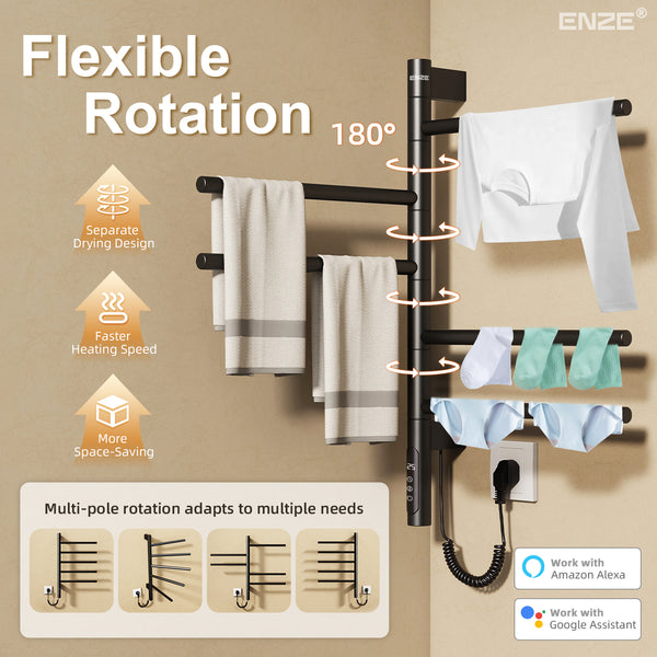 ENZE Smart Rotating Heated Towel Rack for Bathroom, 5-Bar Wall-Mounted Electric Towel Warmer 85W with Swivel Bars, Wi-Fi App Control, 24H Timer, Stainless Steel, IPX5, Hardwired/Plug-in, Matte Black