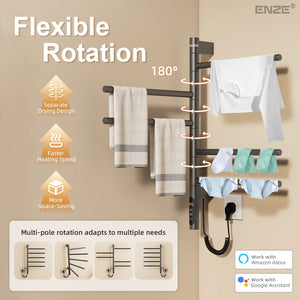 ENZE Smart Rotating Heated Towel Rack for Bathroom, 5-Bar Wall-Mounted Electric Towel Warmer 85W with Swivel Bars, Wi-Fi App Control, 24H Timer, Stainless Steel, IPX5, Hardwired/Plug-in, Gray