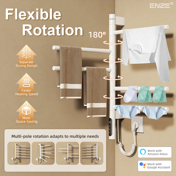 ENZE Smart Rotating Heated Towel Rack for Bathroom, 5-Bar Wall-Mounted Electric Towel Warmer 85W with Swivel Bars, Wi-Fi App Control, 24H Timer, Stainless Steel, IPX5, Hardwired/Plug-in, White