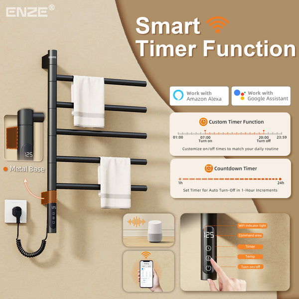 ENZE Smart Rotating Heated Towel Rack for Bathroom, 5-Bar Wall-Mounted Electric Towel Warmer 85W with Swivel Bars, Wi-Fi App Control, 24H Timer, Stainless Steel, IPX5, Hardwired/Plug-in, Matte Black