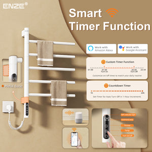 ENZE Smart Rotating Heated Towel Rack for Bathroom, 5-Bar Wall-Mounted Electric Towel Warmer 85W with Swivel Bars, Wi-Fi App Control, 24H Timer, Stainless Steel, IPX5, Hardwired/Plug-in, White