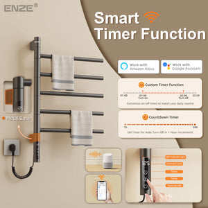 ENZE Smart Rotating Heated Towel Rack for Bathroom, 5-Bar Wall-Mounted Electric Towel Warmer 85W with Swivel Bars, Wi-Fi App Control, 24H Timer, Stainless Steel, IPX5, Hardwired/Plug-in, Gray