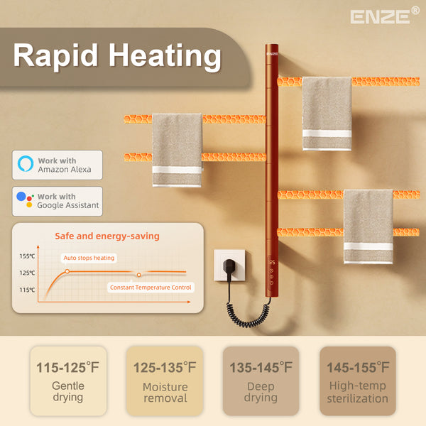ENZE Smart Rotating Heated Towel Rack for Bathroom, 5-Bar Wall-Mounted Electric Towel Warmer 85W with Swivel Bars, Wi-Fi App Control, 24H Timer, Stainless Steel, IPX5, Hardwired/Plug-in, Matte Black