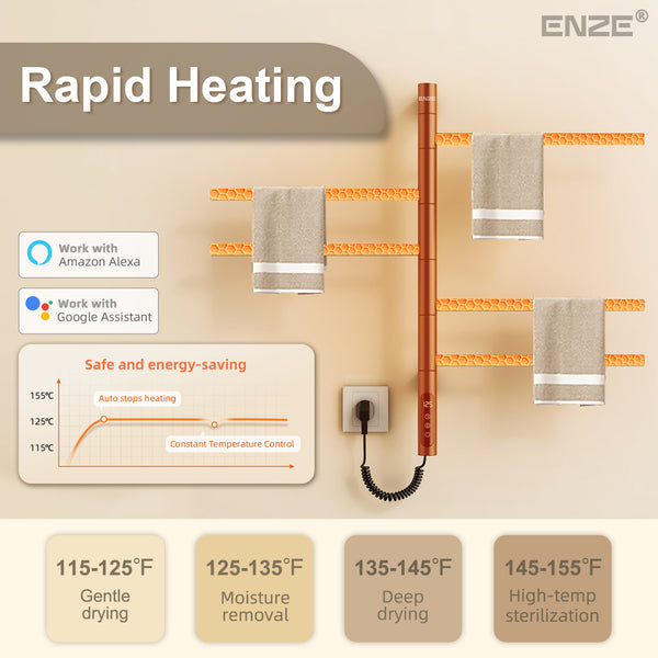 ENZE Smart Rotating Heated Towel Rack for Bathroom, 5-Bar Wall-Mounted Electric Towel Warmer 85W with Swivel Bars, Wi-Fi App Control, 24H Timer, Stainless Steel, IPX5, Hardwired/Plug-in, Gray