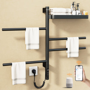 ENZE Smart Rotating Heated Towel Rack for Bathroom, 4-Bar Wall-Mounted Electric Towel Warmer 70W with Swivel Shelf, Wi-Fi App Control, 24H Timer, Stainless Steel, IPX5, Hardwired/Plug-in, Gray