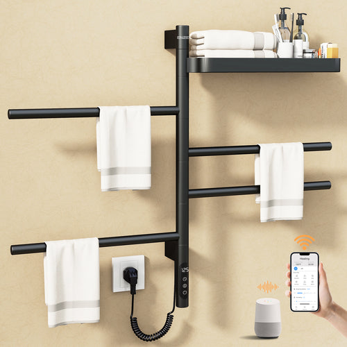 ENZE Smart Rotating Heated Towel Rack for Bathroom, 4-Bar Wall-Mounted Electric Towel Warmer 70W with Swivel Shelf, Wi-Fi App Control, 24H Timer, Stainless Steel, IPX5, Hardwired/Plug-in, Gray