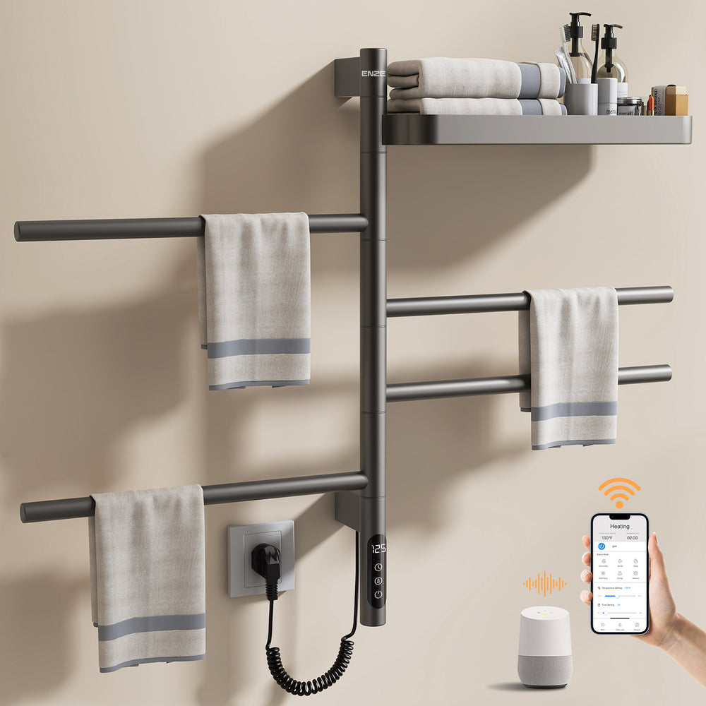 ENZE Smart Rotating Heated Towel Rack for Bathroom, 4-Bar Wall-Mounted Electric Towel Warmer 70W with Swivel Shelf, Wi-Fi App Control, 24H Timer, Stainless Steel, IPX5, Hardwired/Plug-in, Gray