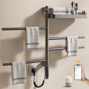 ENZE Smart Rotating Heated Towel Rack for Bathroom, 4-Bar Wall-Mounted Electric Towel Warmer 70W with Swivel Shelf, Wi-Fi App Control, 24H Timer, Stainless Steel, IPX5, Hardwired/Plug-in, Gray