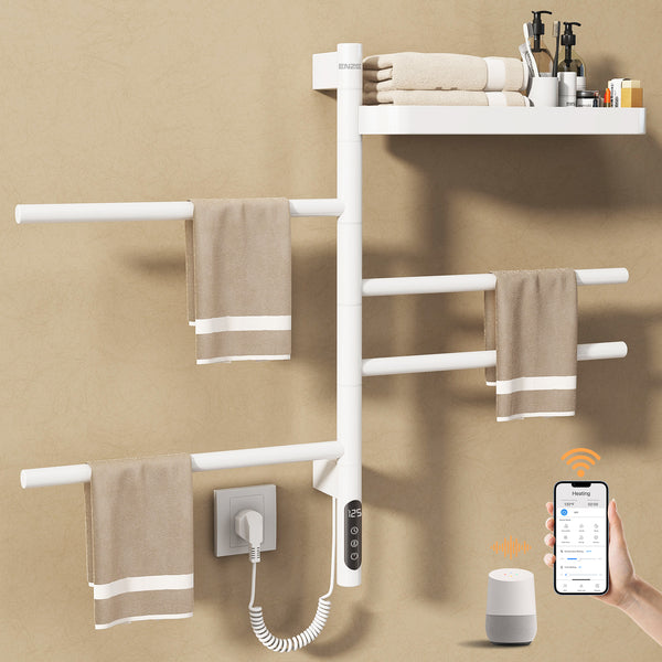 ENZE Smart Rotating Heated Towel Rack for Bathroom, 4-Bar Wall-Mounted Electric Towel Warmer 70W with Swivel Shelf, Wi-Fi App Control, 24H Timer, Stainless Steel, IPX5, Hardwired/Plug-in, White