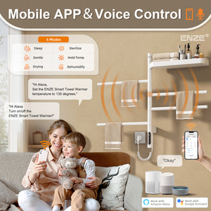 ENZE Smart Rotating Heated Towel Rack for Bathroom, 4-Bar Wall-Mounted Electric Towel Warmer 70W with Swivel Shelf, Wi-Fi App Control, 24H Timer, Stainless Steel, IPX5, Hardwired/Plug-in, White