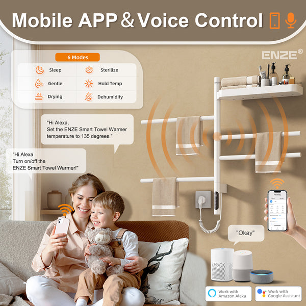 ENZE Smart Rotating Heated Towel Rack for Bathroom, 4-Bar Wall-Mounted Electric Towel Warmer 70W with Swivel Shelf, Wi-Fi App Control, 24H Timer, Stainless Steel, IPX5, Hardwired/Plug-in, White