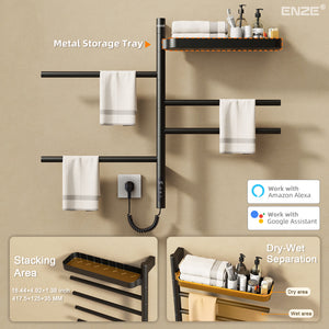 ENZE Smart Rotating Heated Towel Rack for Bathroom, 4-Bar Wall-Mounted Electric Towel Warmer 70W with Swivel Shelf, Wi-Fi App Control, 24H Timer, Stainless Steel, IPX5, Hardwired/Plug-in, Matte Black