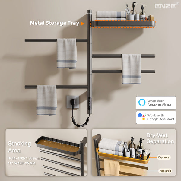 ENZE Smart Rotating Heated Towel Rack for Bathroom, 4-Bar Wall-Mounted Electric Towel Warmer 70W with Swivel Shelf, Wi-Fi App Control, 24H Timer, Stainless Steel, IPX5, Hardwired/Plug-in, Gray