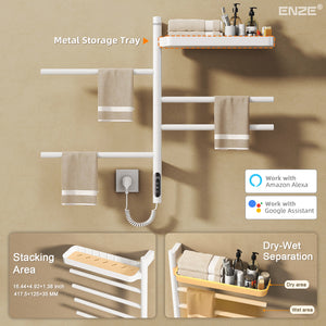 ENZE Smart Rotating Heated Towel Rack for Bathroom, 4-Bar Wall-Mounted Electric Towel Warmer 70W with Swivel Shelf, Wi-Fi App Control, 24H Timer, Stainless Steel, IPX5, Hardwired/Plug-in, White