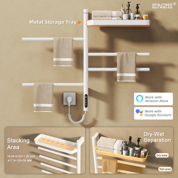 ENZE Smart Rotating Heated Towel Rack for Bathroom, 4-Bar Wall-Mounted Electric Towel Warmer 70W with Swivel Shelf, Wi-Fi App Control, 24H Timer, Stainless Steel, IPX5, Hardwired/Plug-in, White