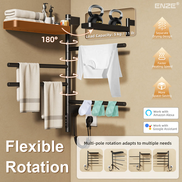 ENZE Smart Rotating Heated Towel Rack for Bathroom, 4-Bar Wall-Mounted Electric Towel Warmer 70W with Swivel Shelf, Wi-Fi App Control, 24H Timer, Stainless Steel, IPX5, Hardwired/Plug-in, Matte Black