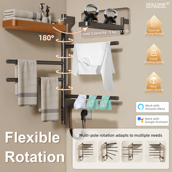 ENZE Smart Rotating Heated Towel Rack for Bathroom, 4-Bar Wall-Mounted Electric Towel Warmer 70W with Swivel Shelf, Wi-Fi App Control, 24H Timer, Stainless Steel, IPX5, Hardwired/Plug-in, Gray