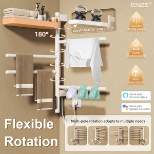 ENZE Smart Rotating Heated Towel Rack for Bathroom, 4-Bar Wall-Mounted Electric Towel Warmer 70W with Swivel Shelf, Wi-Fi App Control, 24H Timer, Stainless Steel, IPX5, Hardwired/Plug-in, White