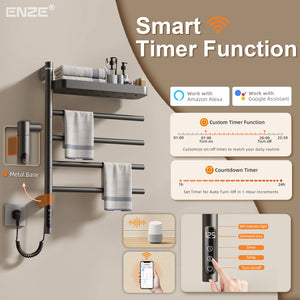 ENZE Smart Rotating Heated Towel Rack for Bathroom, 4-Bar Wall-Mounted Electric Towel Warmer 70W with Swivel Shelf, Wi-Fi App Control, 24H Timer, Stainless Steel, IPX5, Hardwired/Plug-in, Gray