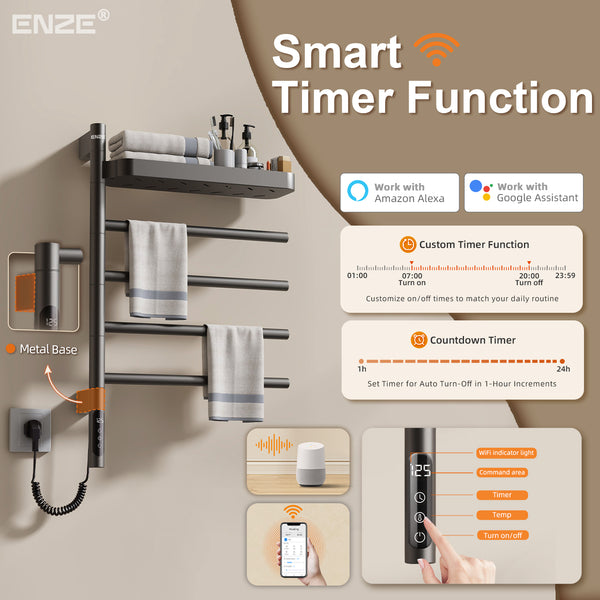 ENZE Smart Rotating Heated Towel Rack for Bathroom, 4-Bar Wall-Mounted Electric Towel Warmer 70W with Swivel Shelf, Wi-Fi App Control, 24H Timer, Stainless Steel, IPX5, Hardwired/Plug-in, Gray