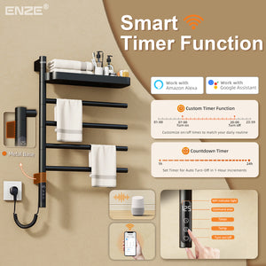 ENZE Smart Rotating Heated Towel Rack for Bathroom, 4-Bar Wall-Mounted Electric Towel Warmer 70W with Swivel Shelf, Wi-Fi App Control, 24H Timer, Stainless Steel, IPX5, Hardwired/Plug-in, Matte Black