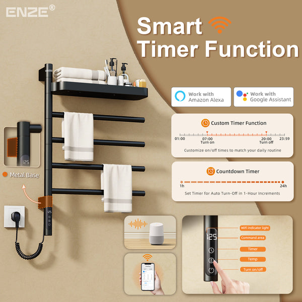 ENZE Smart Rotating Heated Towel Rack for Bathroom, 4-Bar Wall-Mounted Electric Towel Warmer 70W with Swivel Shelf, Wi-Fi App Control, 24H Timer, Stainless Steel, IPX5, Hardwired/Plug-in, Matte Black