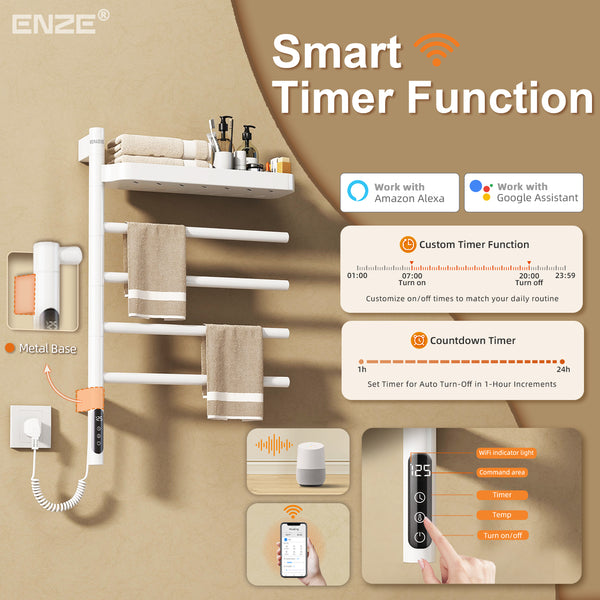 ENZE Smart Rotating Heated Towel Rack for Bathroom, 4-Bar Wall-Mounted Electric Towel Warmer 70W with Swivel Shelf, Wi-Fi App Control, 24H Timer, Stainless Steel, IPX5, Hardwired/Plug-in, White
