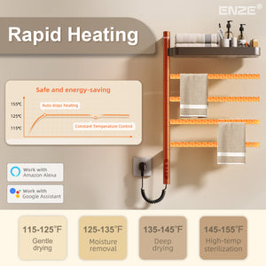 ENZE Smart Rotating Heated Towel Rack for Bathroom, 4-Bar Wall-Mounted Electric Towel Warmer 70W with Swivel Shelf, Wi-Fi App Control, 24H Timer, Stainless Steel, IPX5, Hardwired/Plug-in, Gray
