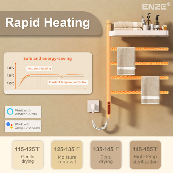 ENZE Smart Rotating Heated Towel Rack for Bathroom, 4-Bar Wall-Mounted Electric Towel Warmer 70W with Swivel Shelf, Wi-Fi App Control, 24H Timer, Stainless Steel, IPX5, Hardwired/Plug-in, White