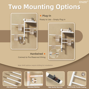 ENZE Smart Rotating Heated Towel Rack for Bathroom, 4-Bar Wall-Mounted Electric Towel Warmer 70W with Swivel Shelf, Wi-Fi App Control, 24H Timer, Stainless Steel, IPX5, Hardwired/Plug-in, White