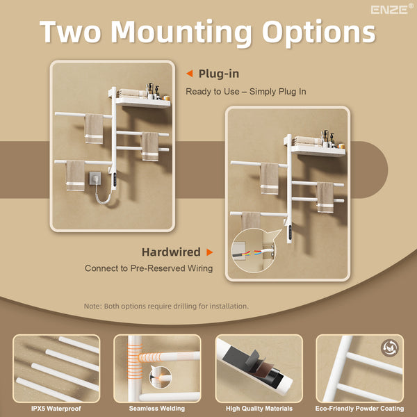ENZE Smart Rotating Heated Towel Rack for Bathroom, 4-Bar Wall-Mounted Electric Towel Warmer 70W with Swivel Shelf, Wi-Fi App Control, 24H Timer, Stainless Steel, IPX5, Hardwired/Plug-in, White