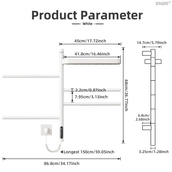 ENZE Smart Rotating Heated Towel Rack for Bathroom, 4-Bar Wall-Mounted Electric Towel Warmer 70W with Swivel Shelf, Wi-Fi App Control, 24H Timer, Stainless Steel, IPX5, Hardwired/Plug-in, White