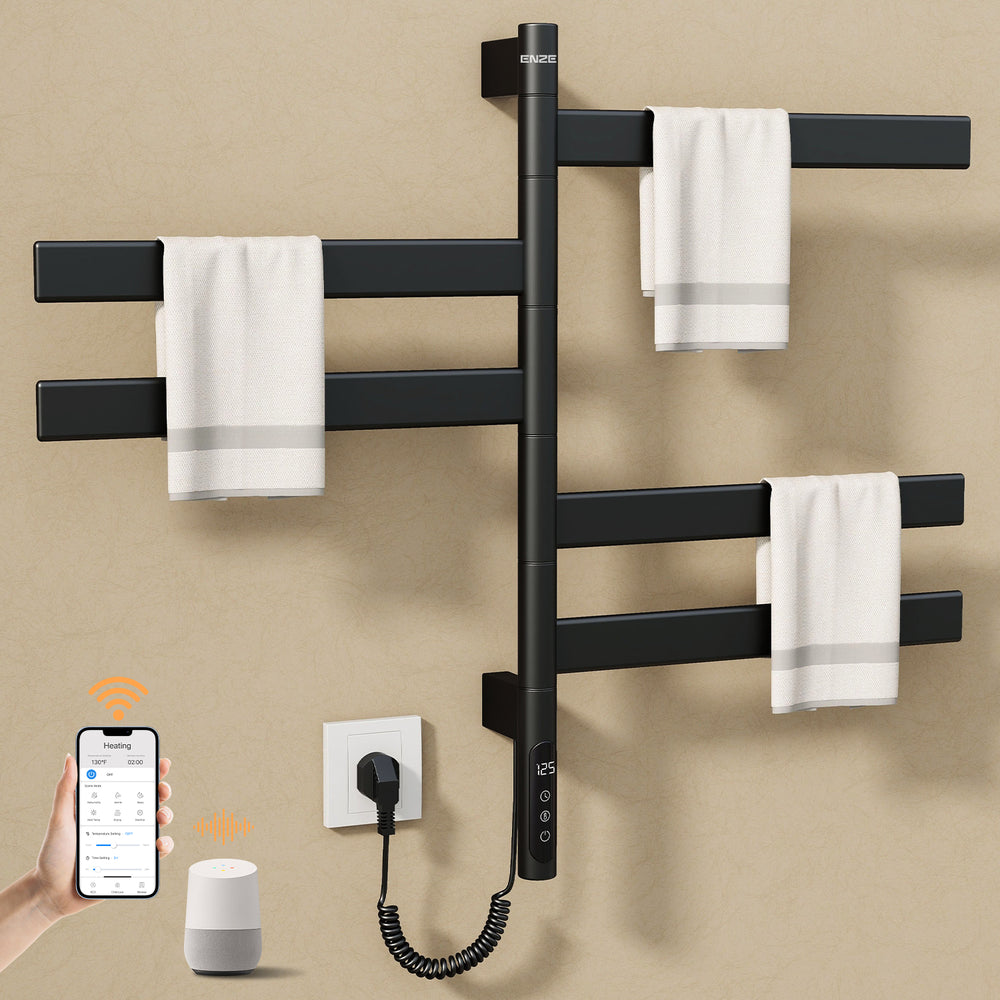 ENZE Smart Rotating Heated Towel Rack for Bathroom, 5-Bar Wall-Mounted Electric Towel Warmer 120W with Swivel Bars, Wi-Fi App Control, 24H Timer, Stainless Steel, IPX5, Hardwired/Plug-in, Matte Black