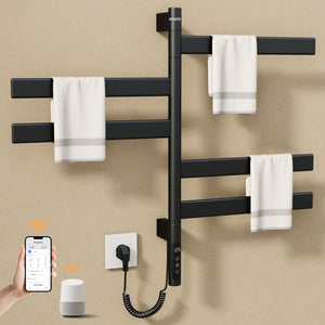 ENZE Smart Rotating Heated Towel Rack for Bathroom, 5-Bar Wall-Mounted Electric Towel Warmer 120W with Swivel Bars, Wi-Fi App Control, 24H Timer, Stainless Steel, IPX5, Hardwired/Plug-in, Matte Black