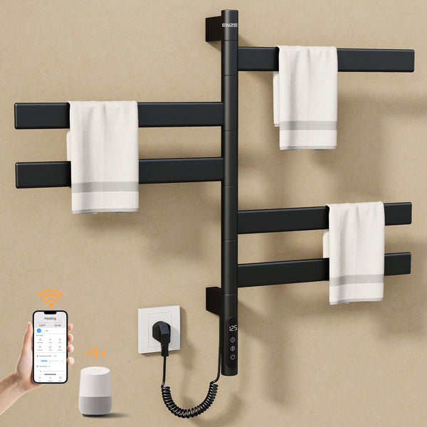 ENZE Smart Rotating Heated Towel Rack for Bathroom, 5-Bar Wall-Mounted Electric Towel Warmer 120W with Swivel Bars, Wi-Fi App Control, 24H Timer, Stainless Steel, IPX5, Hardwired/Plug-in, Matte Black