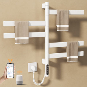 ENZE Smart Rotating Heated Towel Rack for Bathroom, 5-Bar Wall-Mounted Electric Towel Warmer 120W with Swivel Bars, Wi-Fi App Control, 24H Timer, Stainless Steel, IPX5, Hardwired/Plug-in, White